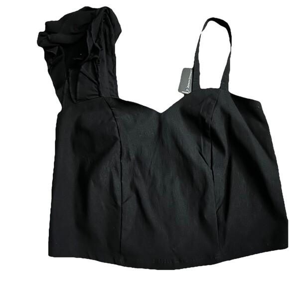 Ashley Stewart Black One-Shoulder Bustier Top Size 14 NWT Ruffle Statement Top - Picture 2 of 12